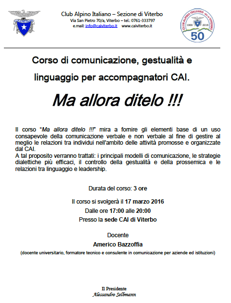 Locandina Corso di comunicazione gestualità e linguaggio per accompagnatori CAI - Club Alpino Italiano