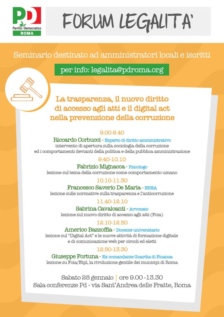 Seminario su Trasparenza, Accesso agli atti e Digital Act del PD presso la sede nazionale del PD di Via Sant'Andrea delle Fratte a Roma