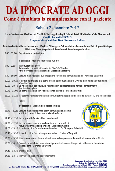 Convegno Ordine dei Medici Chirurghi e degli Odontoiatri di Viterbo Da Ippocrate ad oggi in cui interverà il prof. Americo Bazzoffia