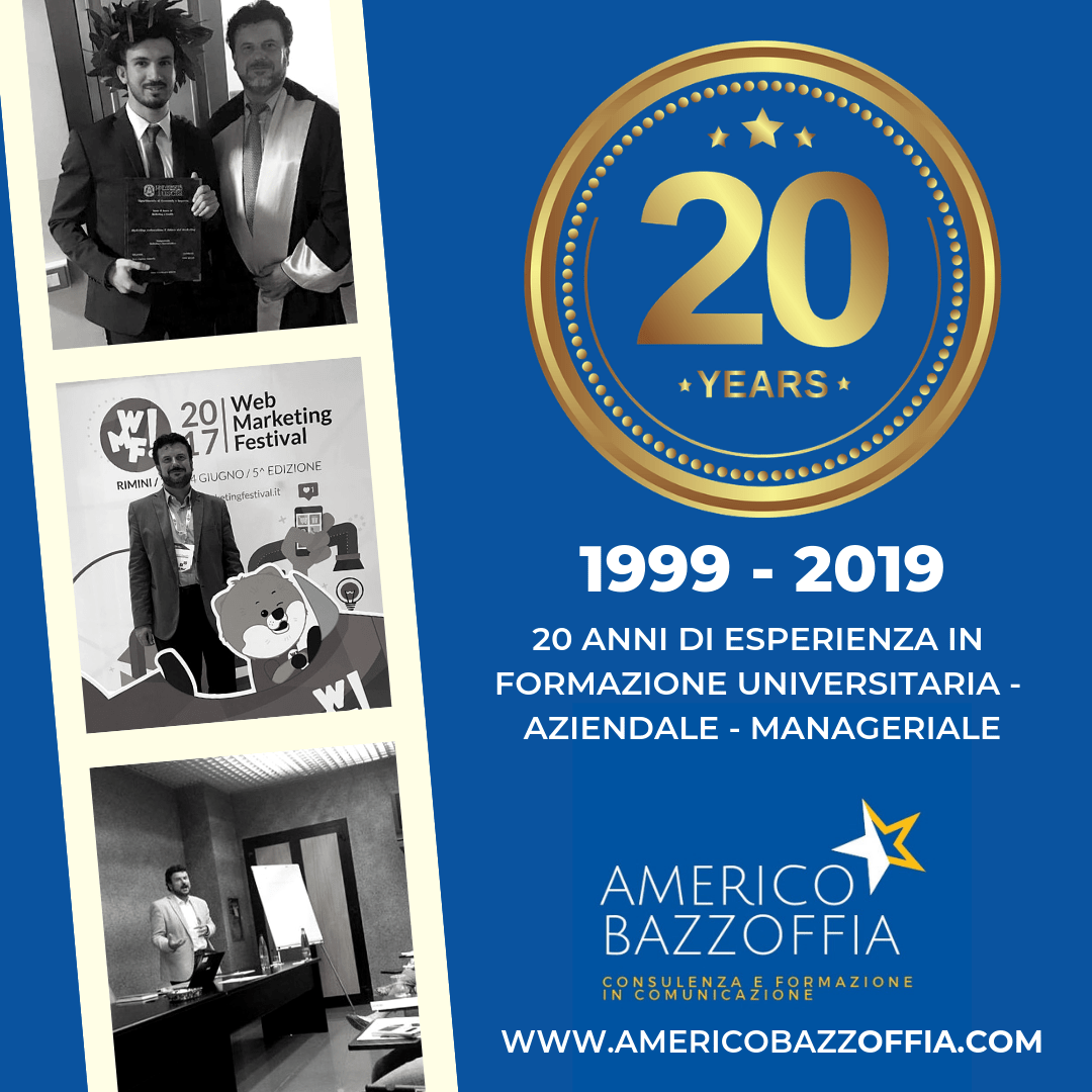 Il prof. Americo Bazzoffia - consulente e formatore universitario, aziendale e manageriale festeggia 20 anni d'attività